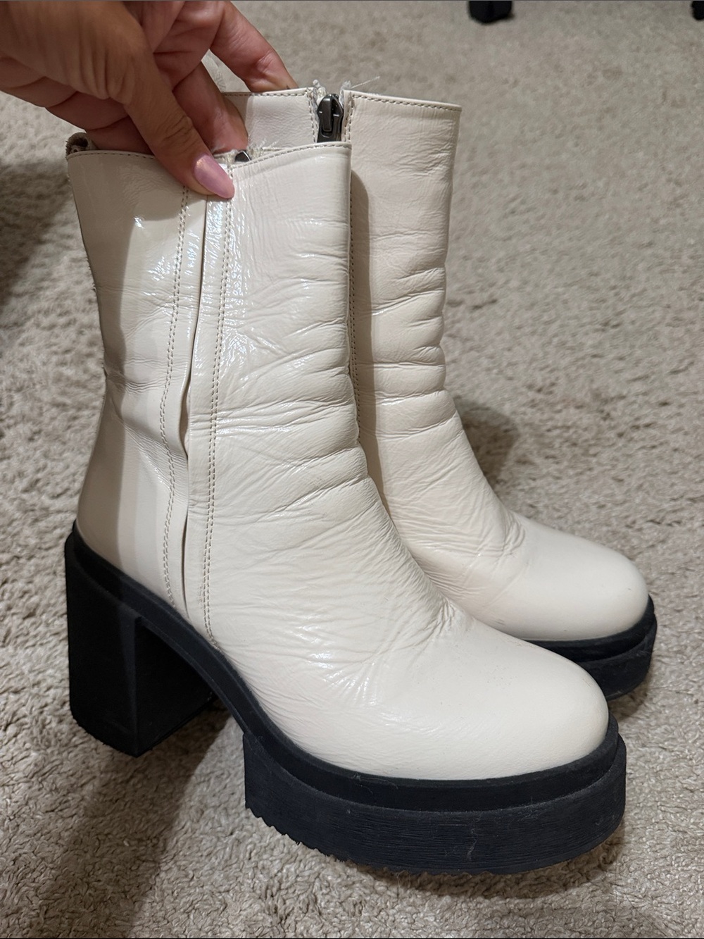 Steve Madden Cream Platform Block Heel Ankle Boots with Black Sole